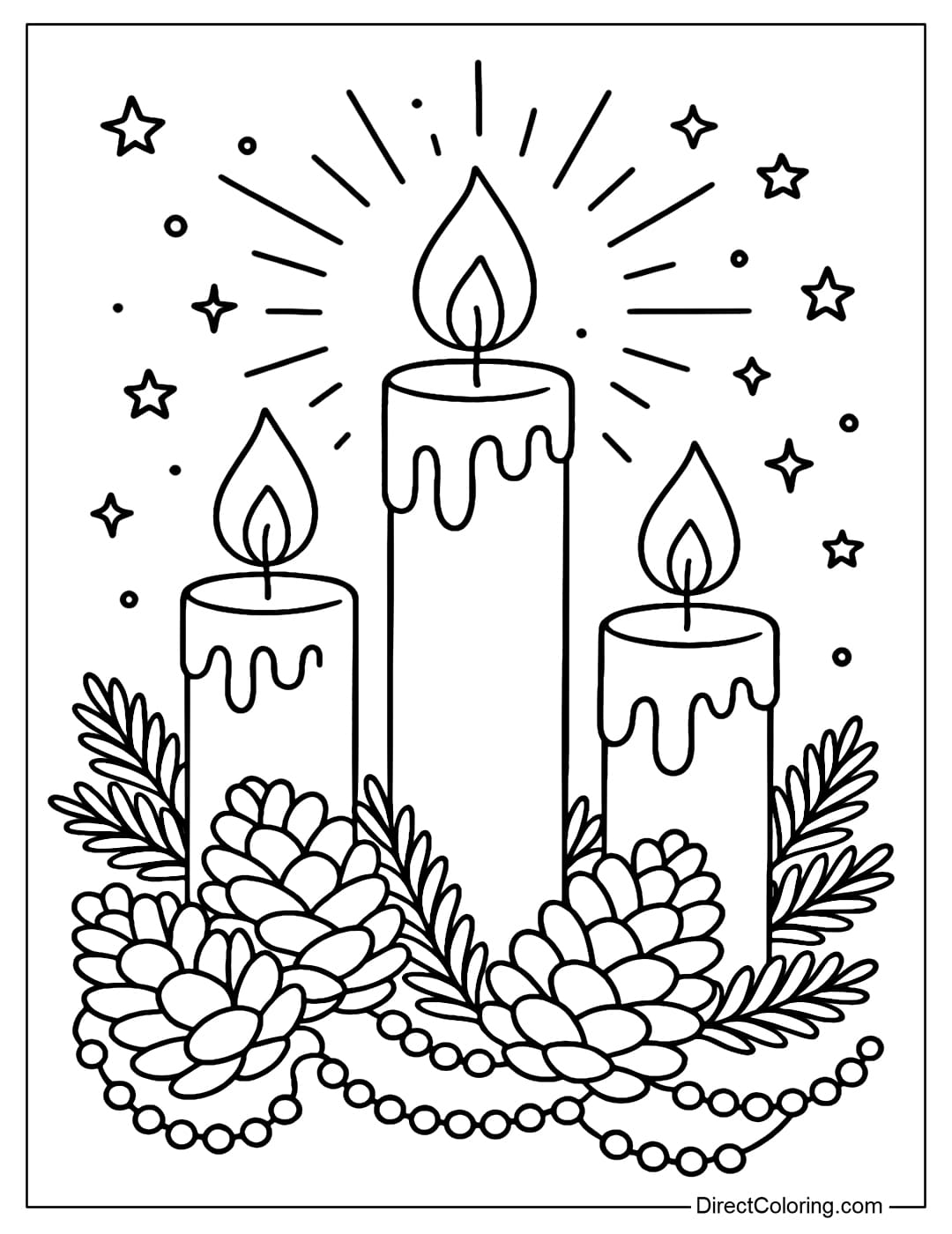 A three-candle coloring page of different heights, surrounded by pine cones, small stars and tinsel.
