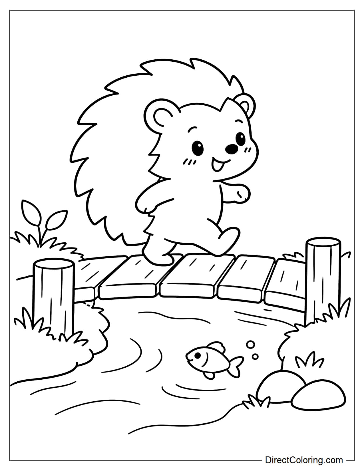 A cute hedgehog walking across a tiny wooden bridge over a narrow stream, with a little fish swimming below.