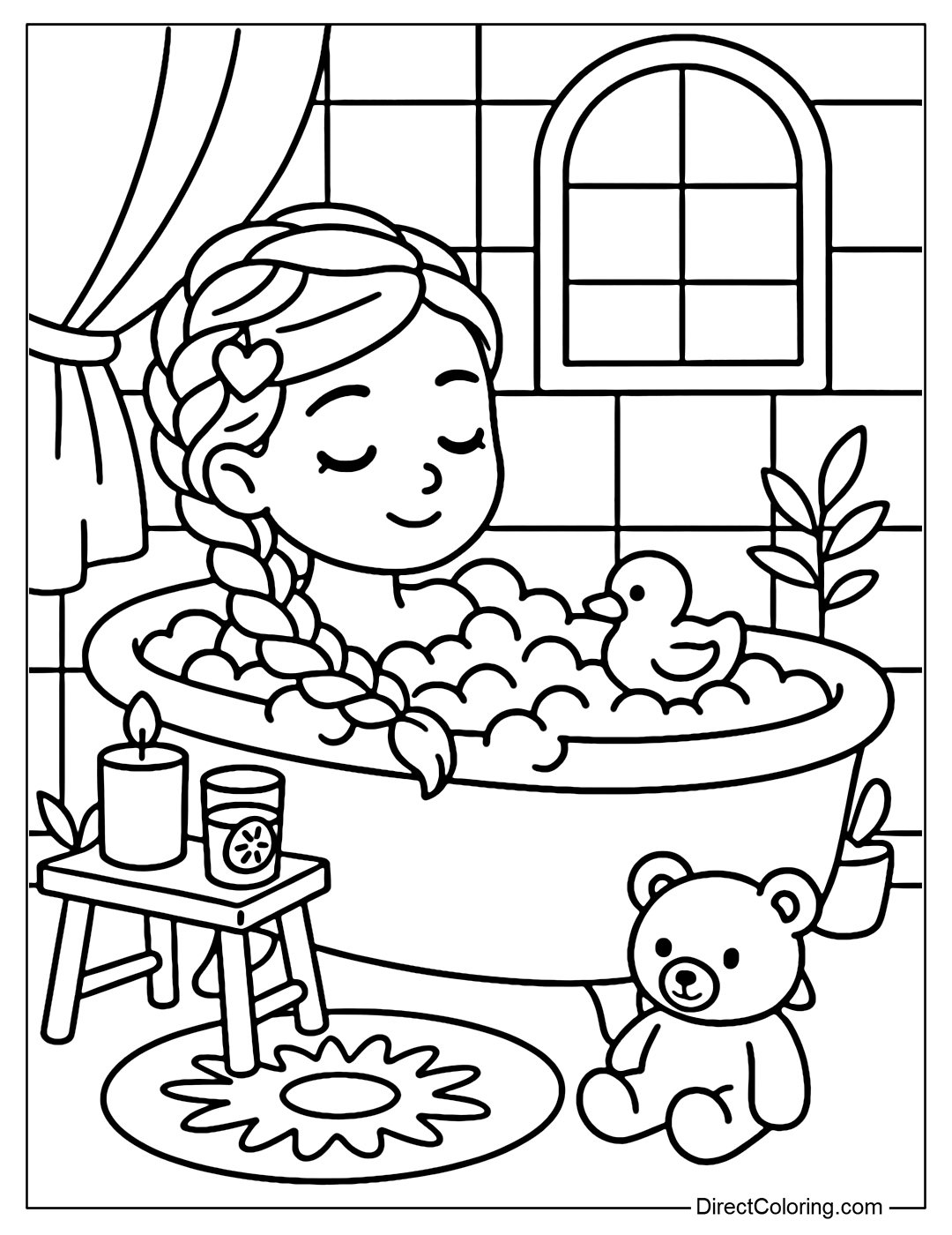 Coloring page of a girl relaxing in a classic bubble bath with a slightly curved base.