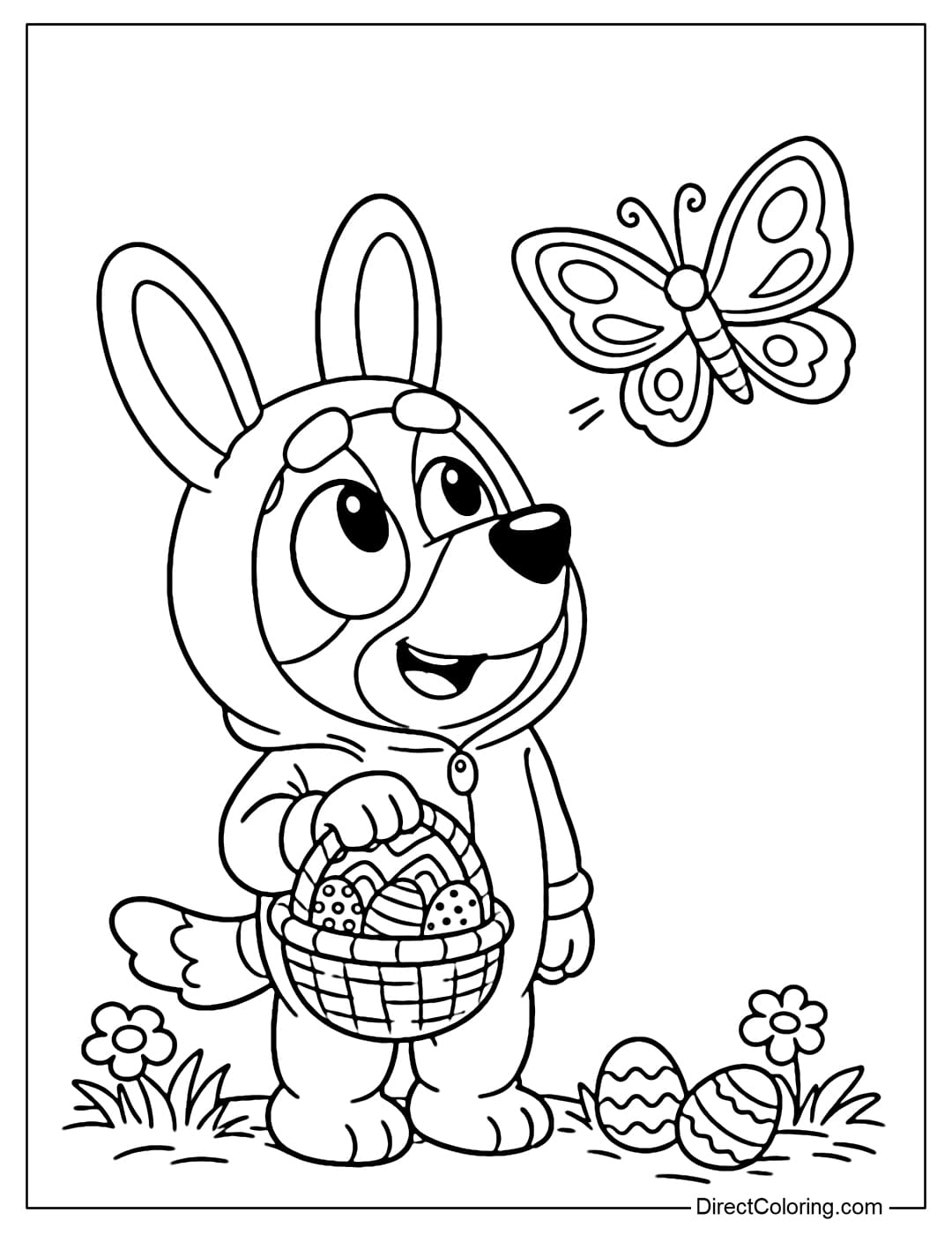 Bluey, dressed in a cute Easter bunny costume, is holding a basket of eggs and watching a butterfly fly by.