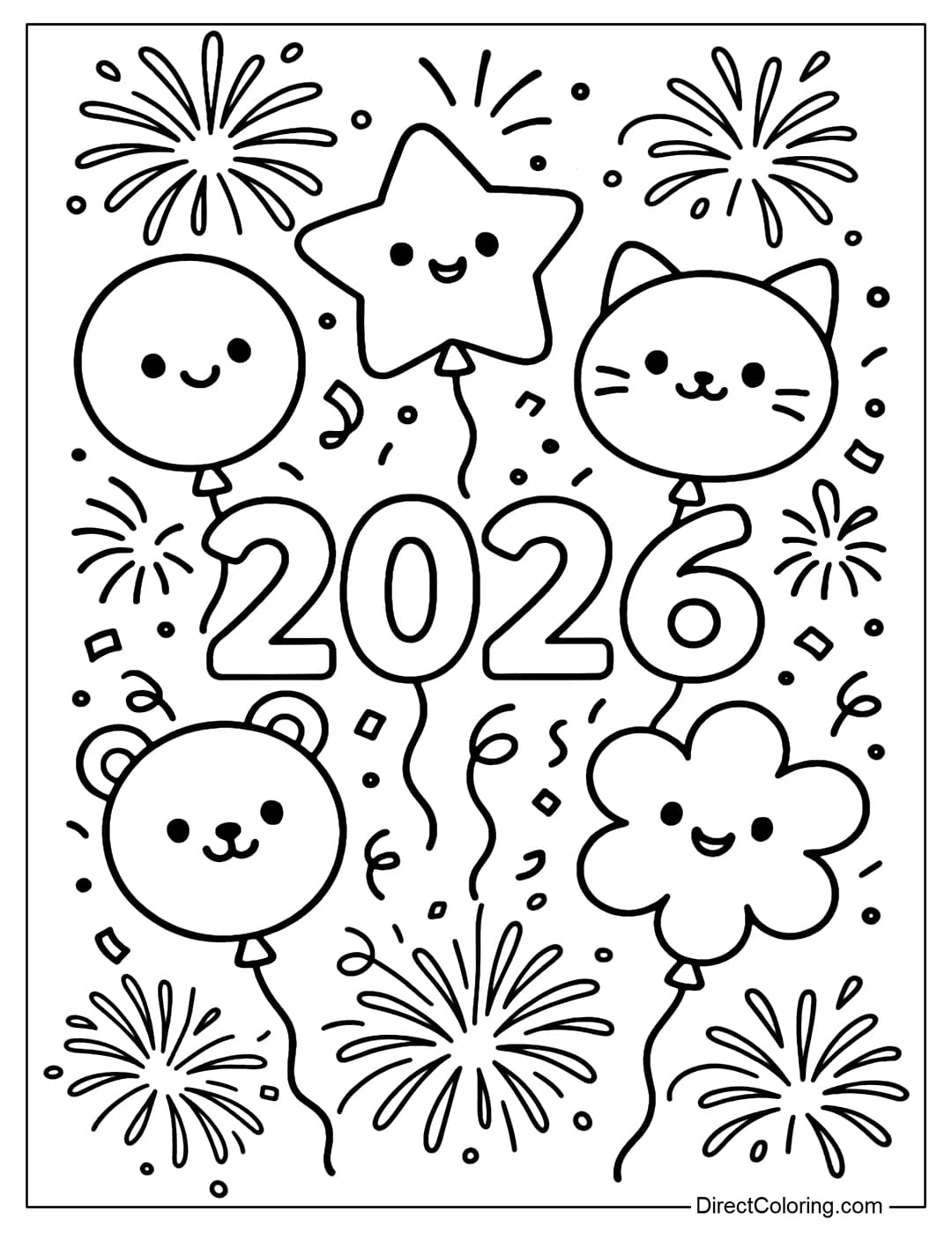 A coloring page of smiling balloons flying around the cute number 2026.