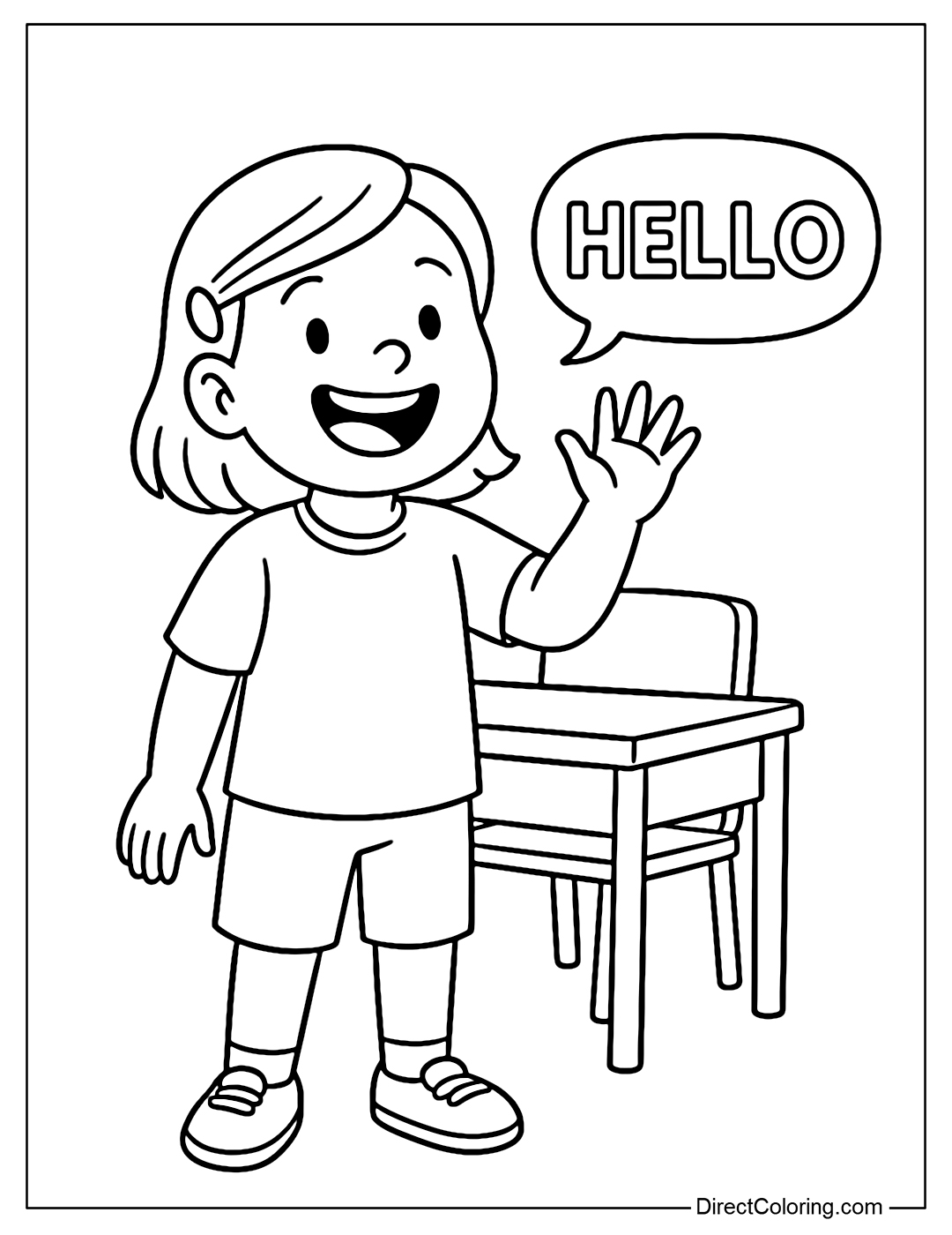 Coloring page of a child smiling brightly and waving to a new friend in the classroom.