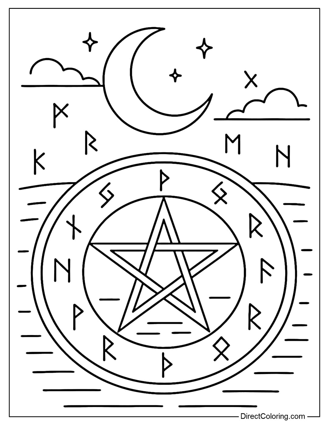 Wiccan ritual circle coloring page under the moonlight, with pentacle and rune symbols.