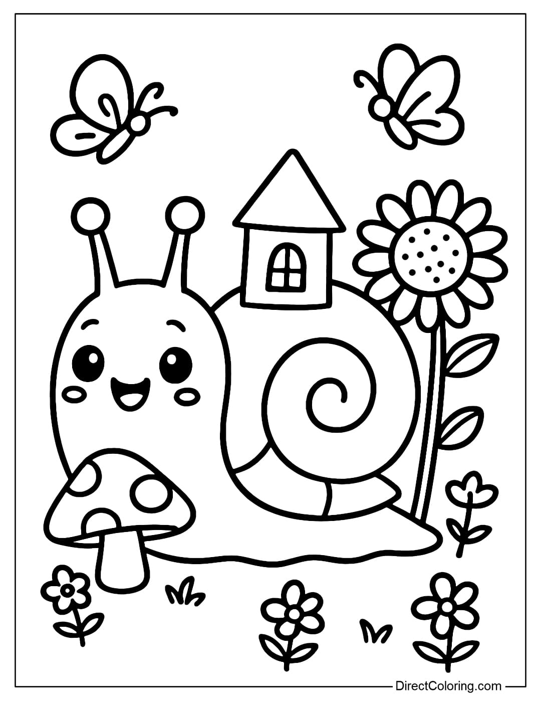 A snail coloring page with an adventure in the garden with mushrooms, sunflowers and butterflies flying around, on the snail shell is a small house.
