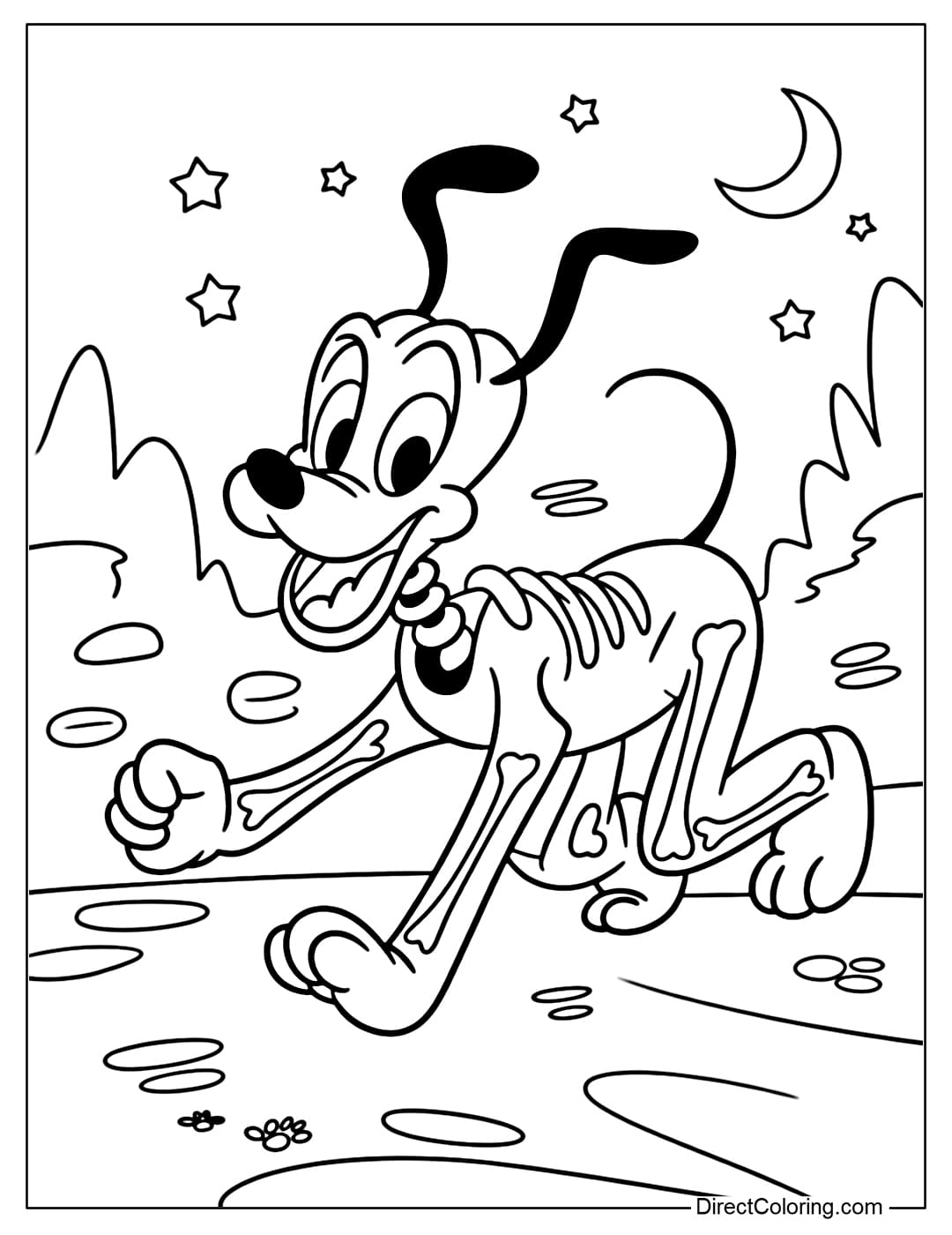 Disney Pluto coloring page wearing a glowing skeleton costume, running around in the dark.