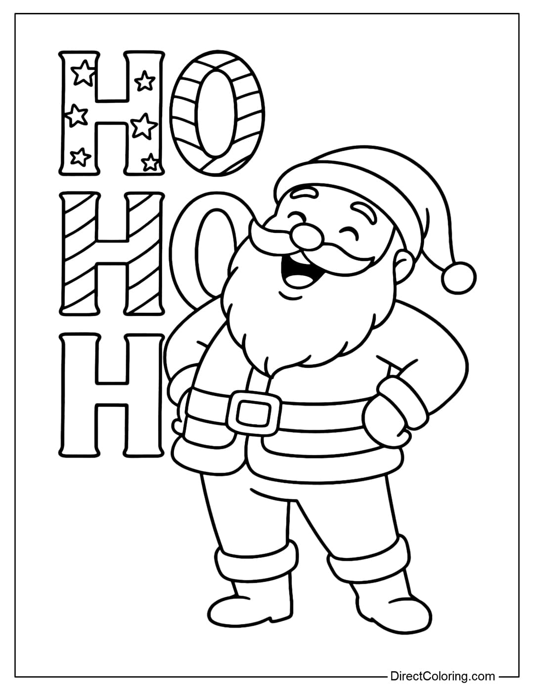 Santa with Ho Ho Ho Coloring Page Santa coloring page laughing loudly and posing happily next to the words