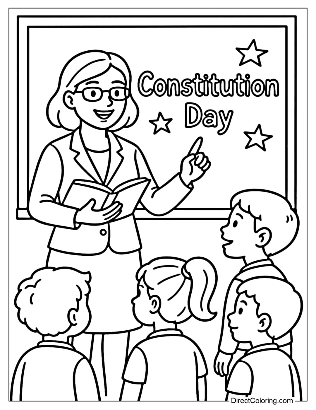 A coloring page of a teacher standing in front of a blackboard with the words 
