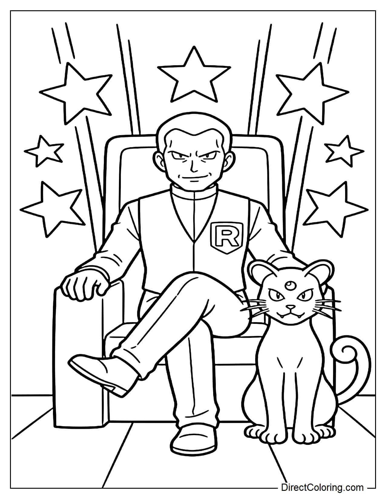 Giovanni sits on a large chair, Persian sits neatly beside him, with some straight lines and stars behind them.