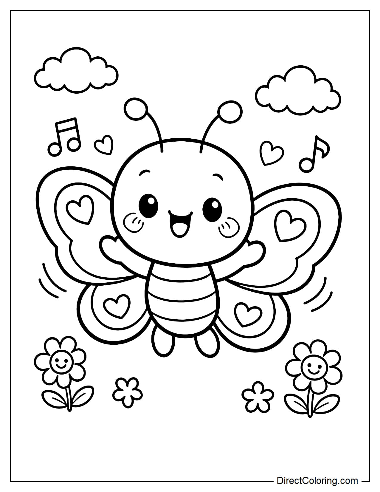 A small butterfly is singing, smiling brightly with big round eyes, wings with heart-shaped patterns and musical notes flying around.