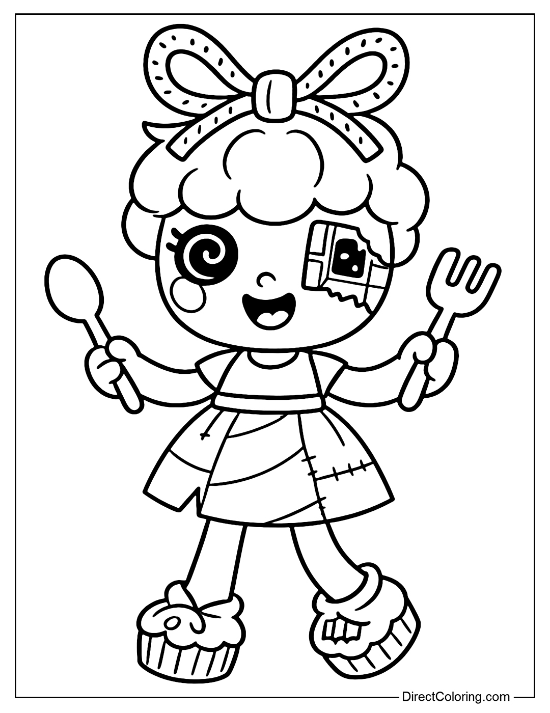 Munchy Snack Doll Coloring Page walks, head puffed like popcorn candy, hair is a string of cookies tied with a bow like a gift bag. The left eye is a round candy, the right eye is a bitten chocolate bar.