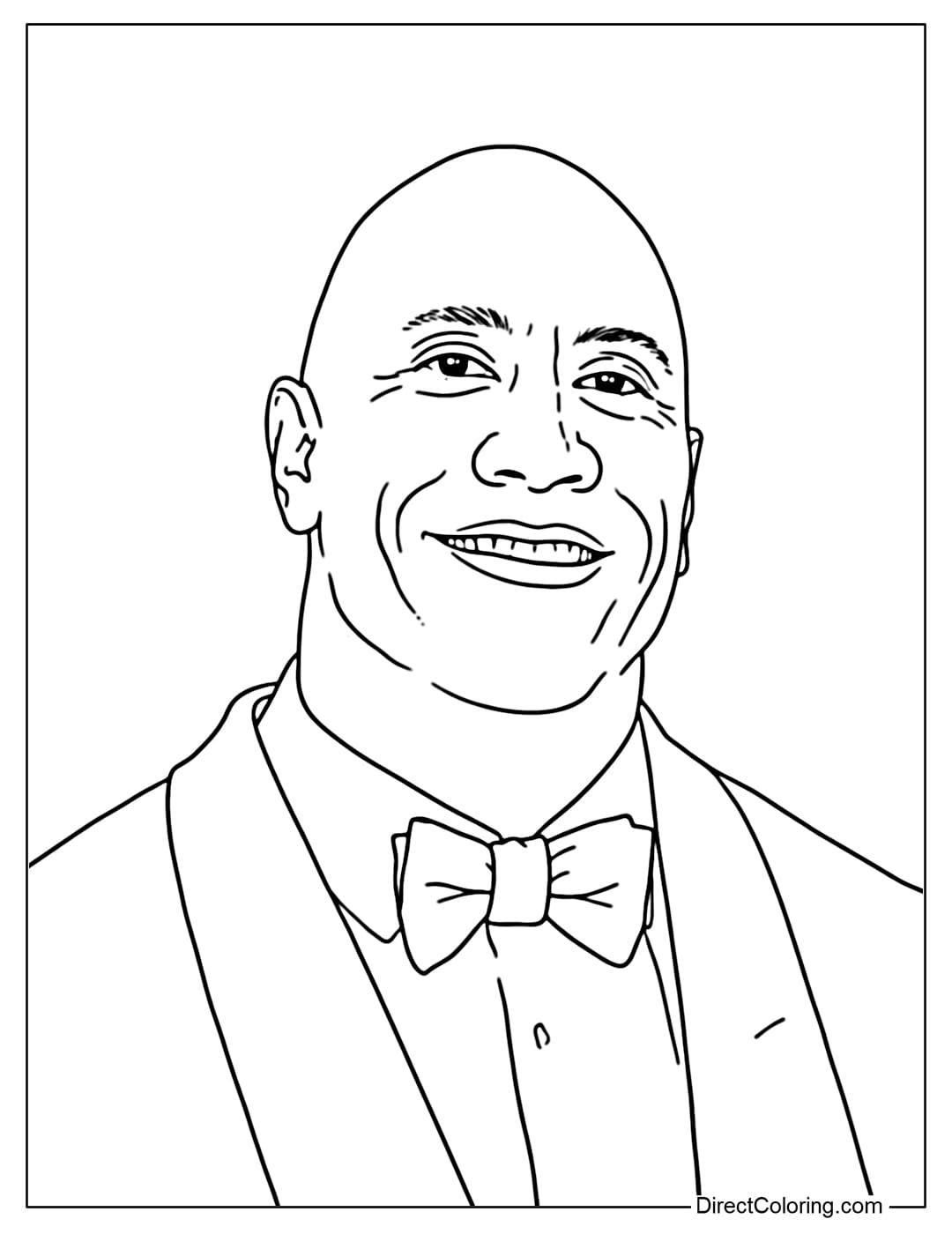 Coloring page of Dwayne The Rock Johnson wearing a dapper tuxedo with a formal bow tie and a friendly smile.