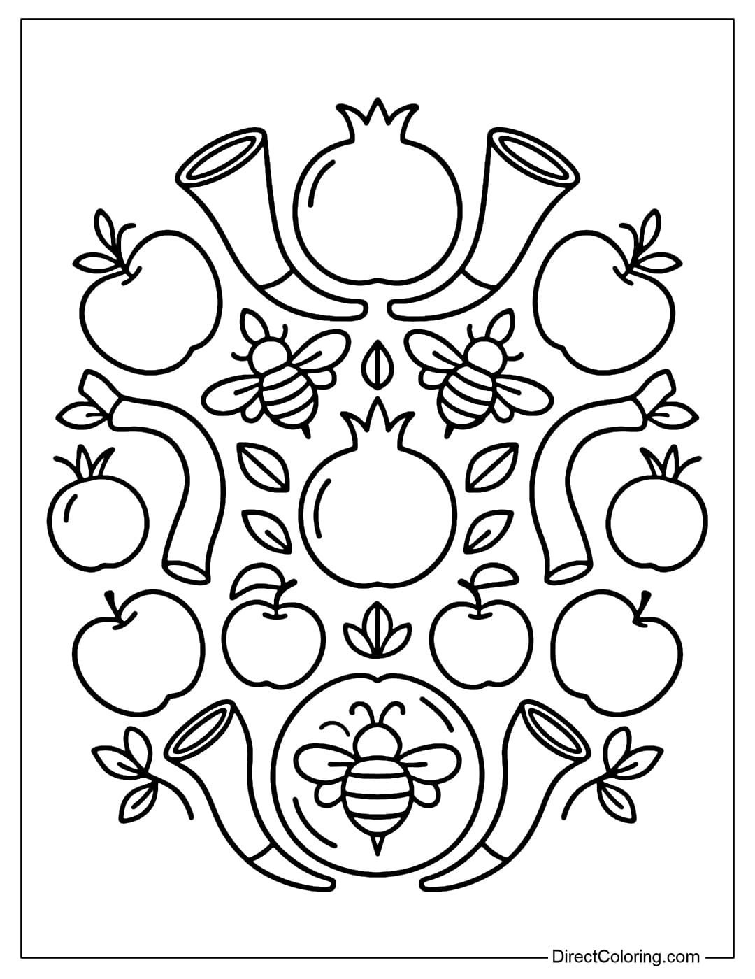 Coloring page of a stylized mandala from Rosh Hashanah symbols: apples, bees, shofar, pomegranates arranged in beautiful symmetry.