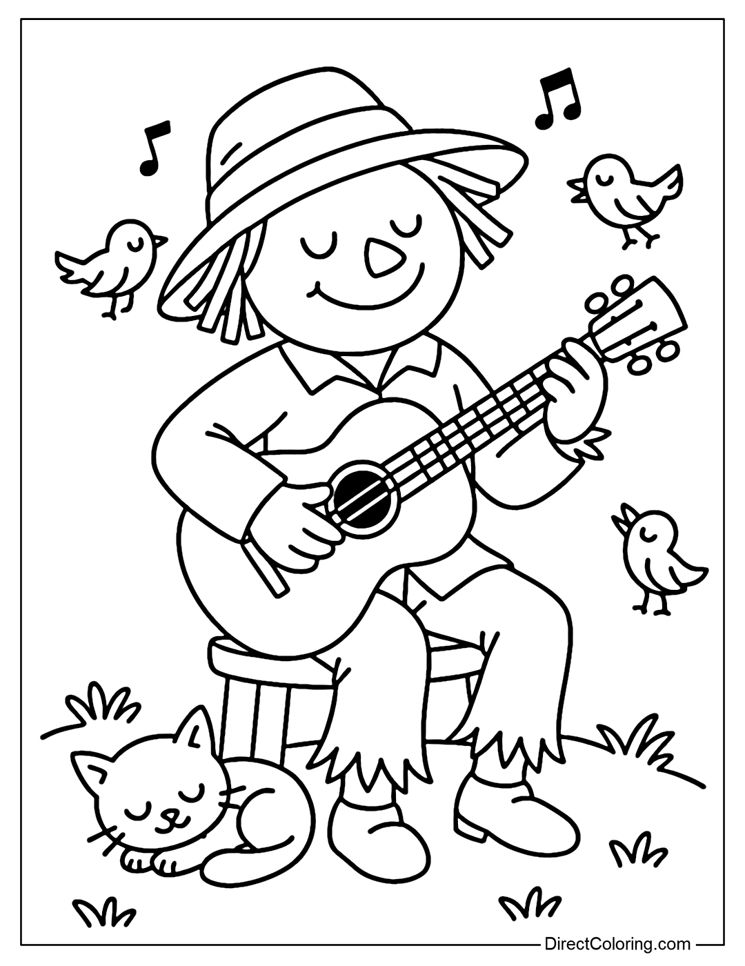 Scarecrow coloring page playing guitar, eyes closed happily, some birds singing to the beat of the music.