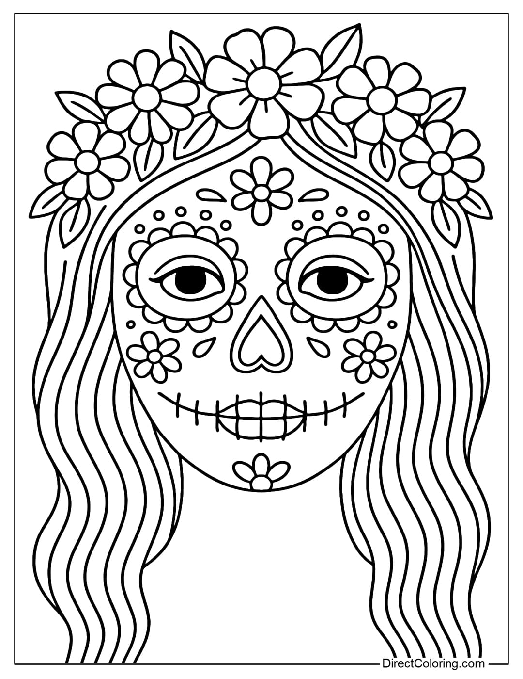 A close-up coloring page of La Catrina's face, simple flower makeup, and a wreath on her head.