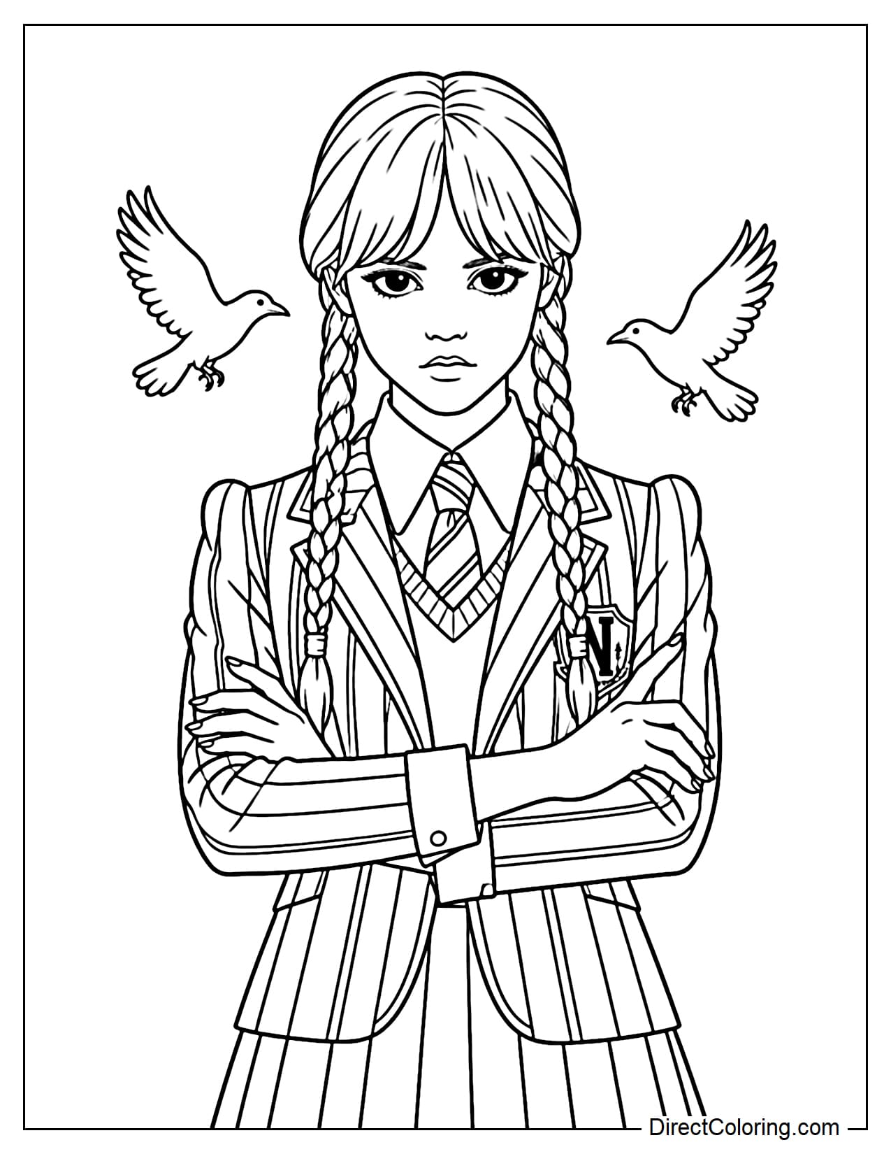 Wednesday Addams stands upright with her arms crossed over her chest, wearing her Nevermore uniform with a collar and tie, while two small ravens fly behind her.