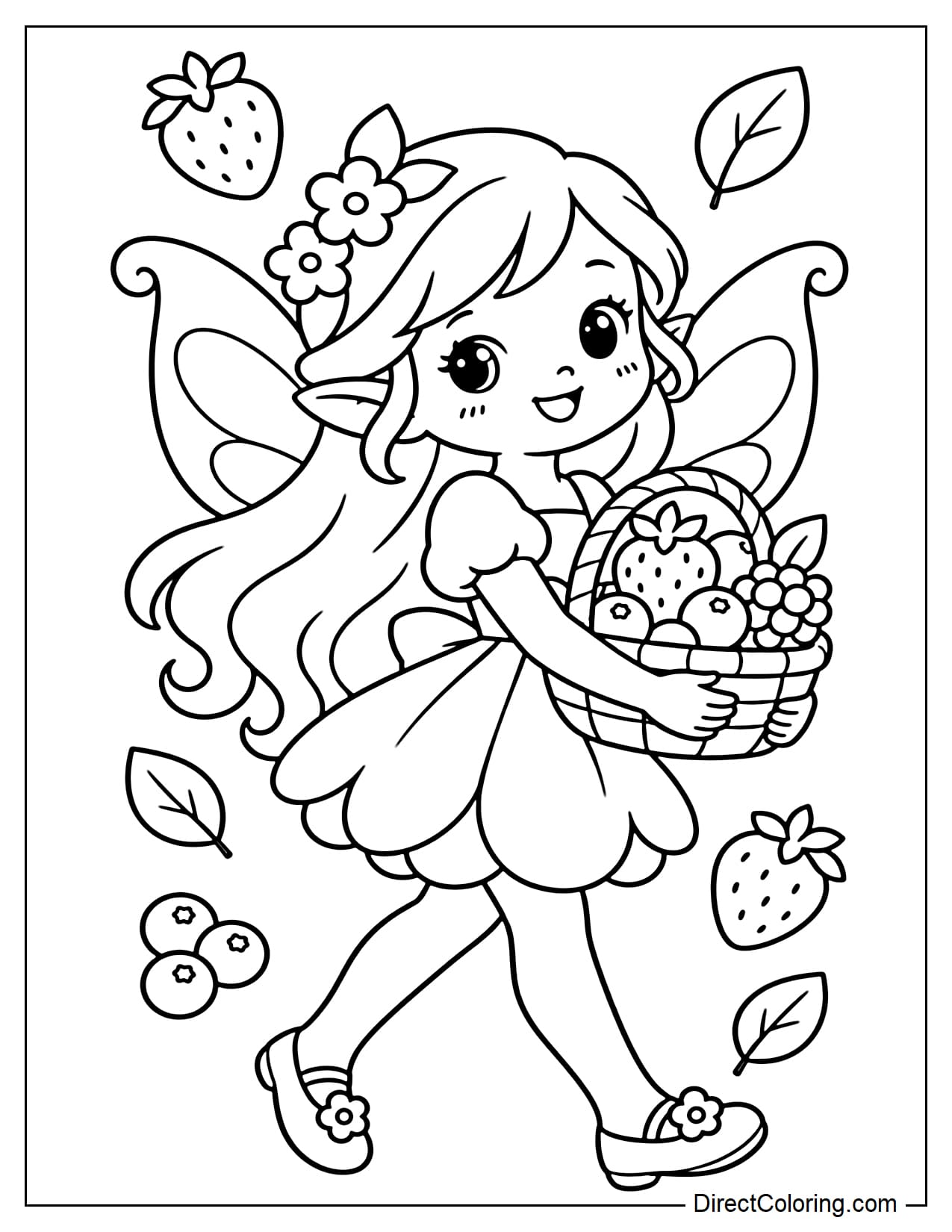 A fairy is holding a basket full of woodland berries, surrounded by a few large berries and simple leaves.