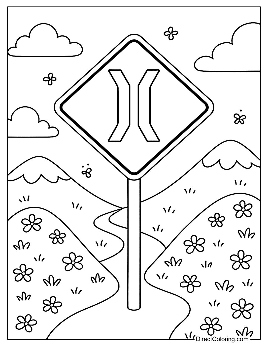 Narrow road sign coloring page, with two flower hills next to it and a suspended bridge.