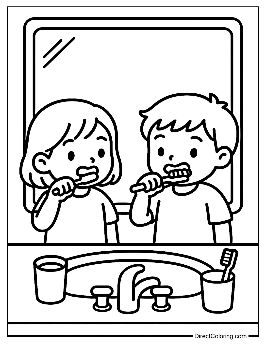 A coloring page of two little boys brushing their teeth at the sink, with a large mirror behind them and toothbrushes in a glass.