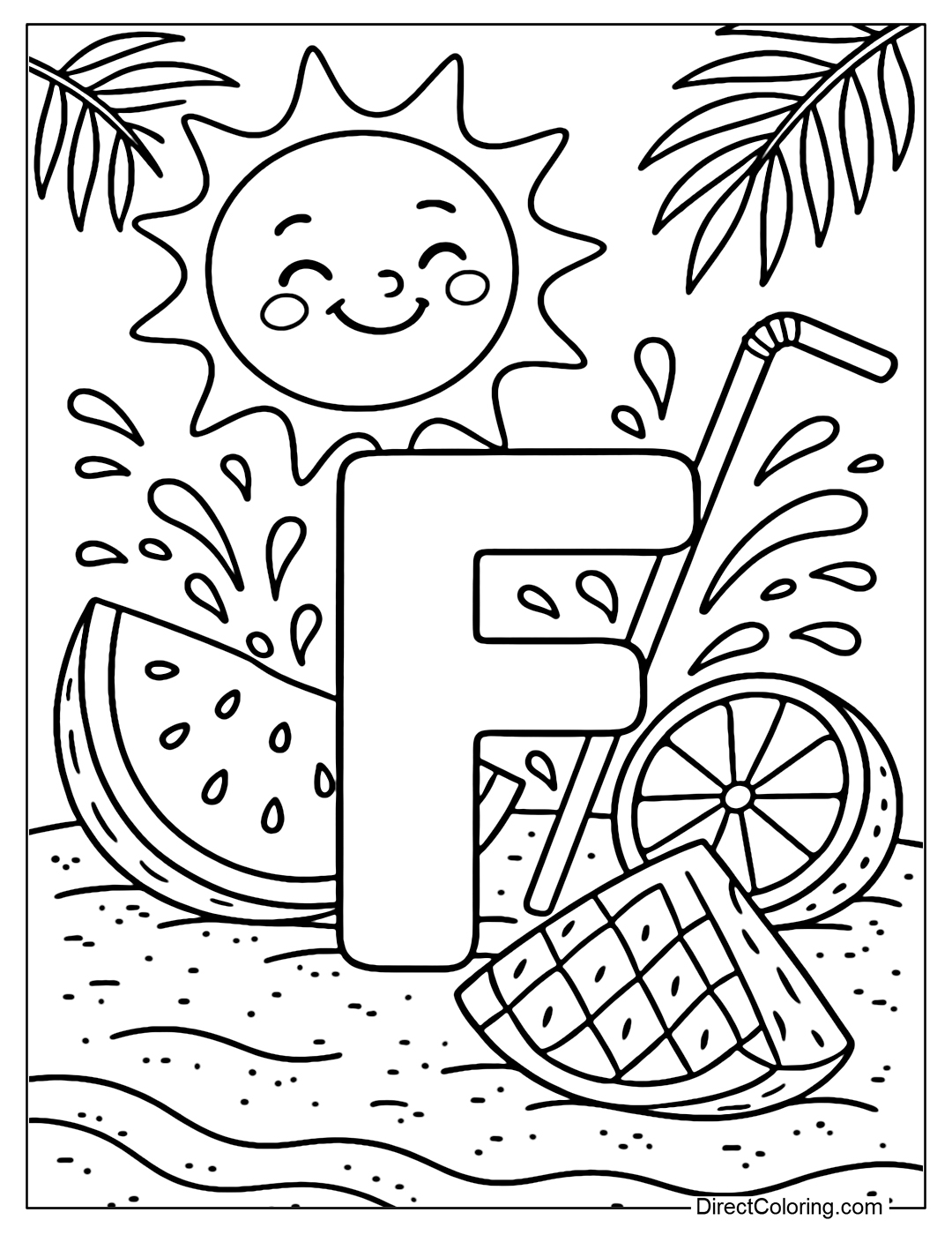 The letter F coloring page is set in a summer sand beach, surrounded by slices of watermelon, yellow oranges, cut pineapples, and splashing juice.