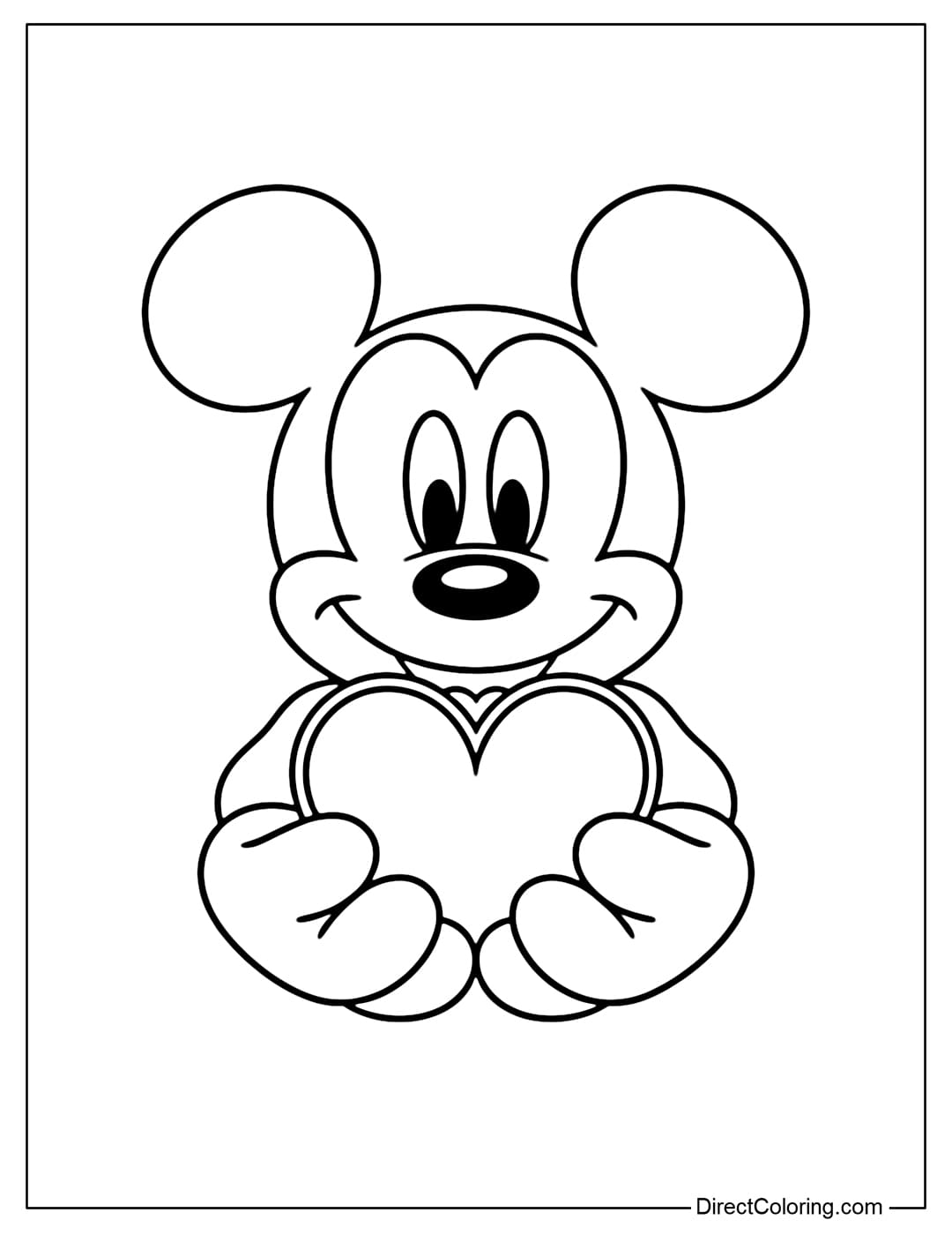 A coloring page of a smiling Mickey Mouse holding a heart in his arms.