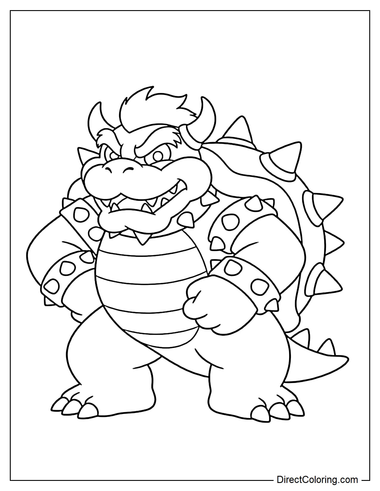 Bowser stands in a strong pose with a simplified design, featuring large, clear shapes for his spiked shell and wristbands.
