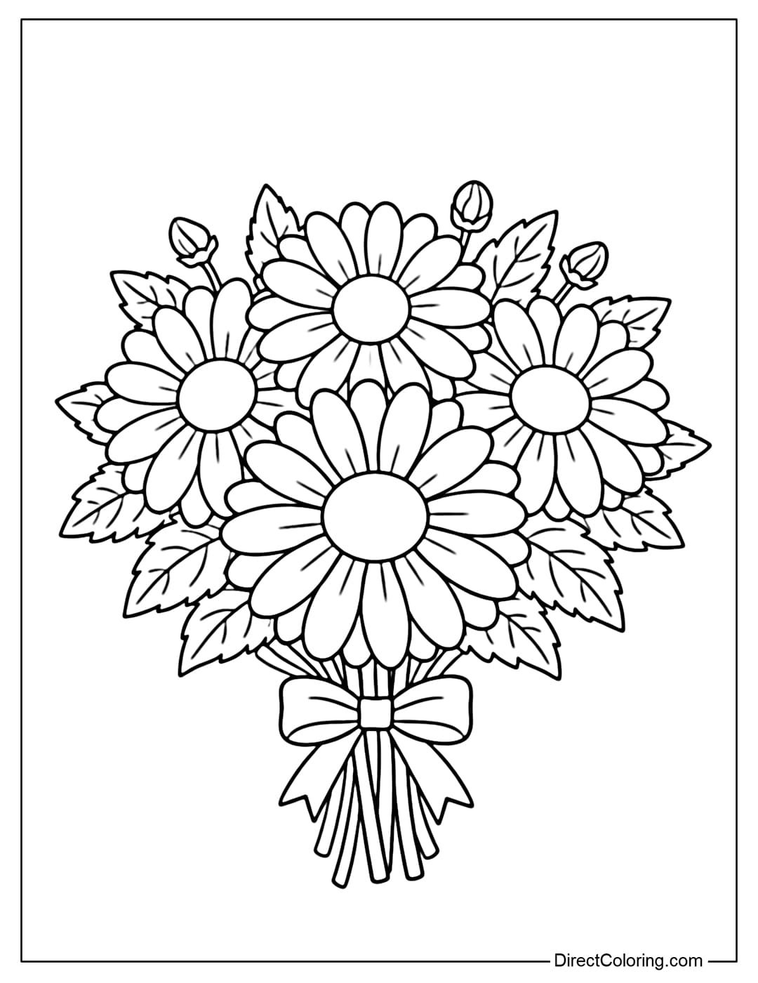 A coloring page of a round daisy bouquet with large petals and a large center.