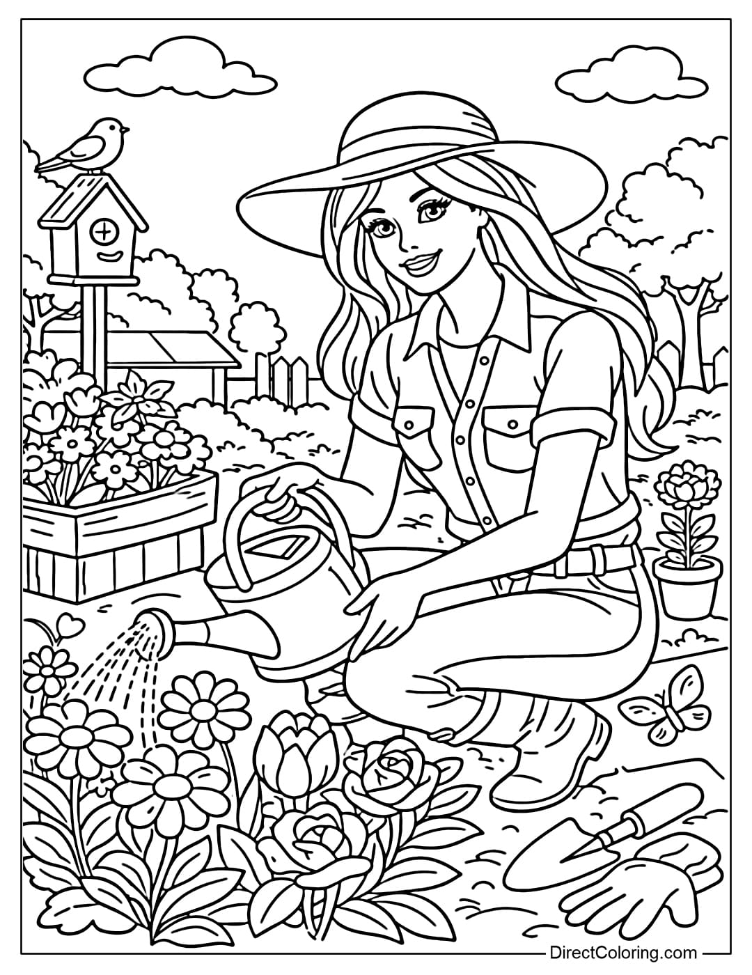 A coloring page of Barbie taking care of her garden with a watering can and plants.