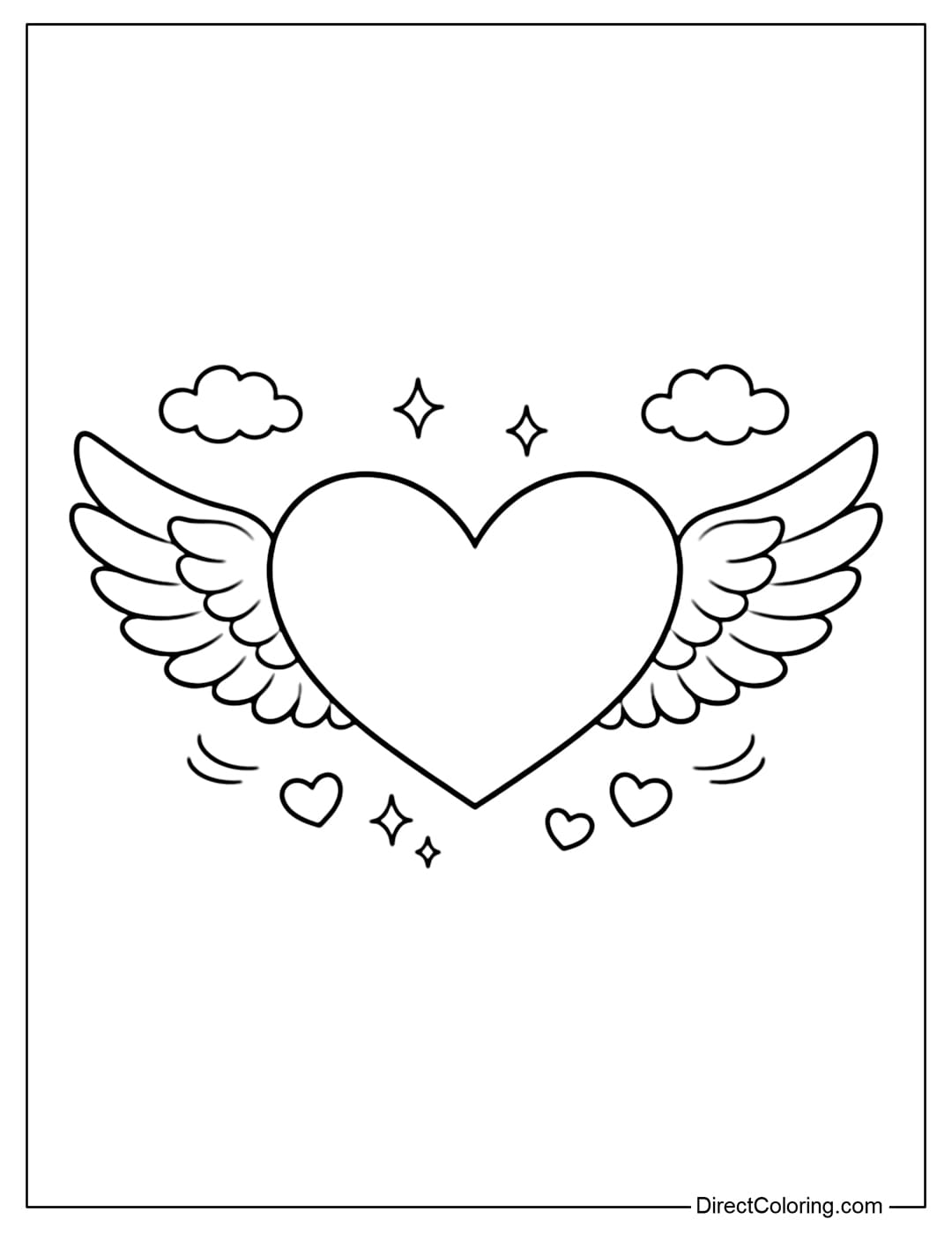 A coloring page with an angel wing heart.