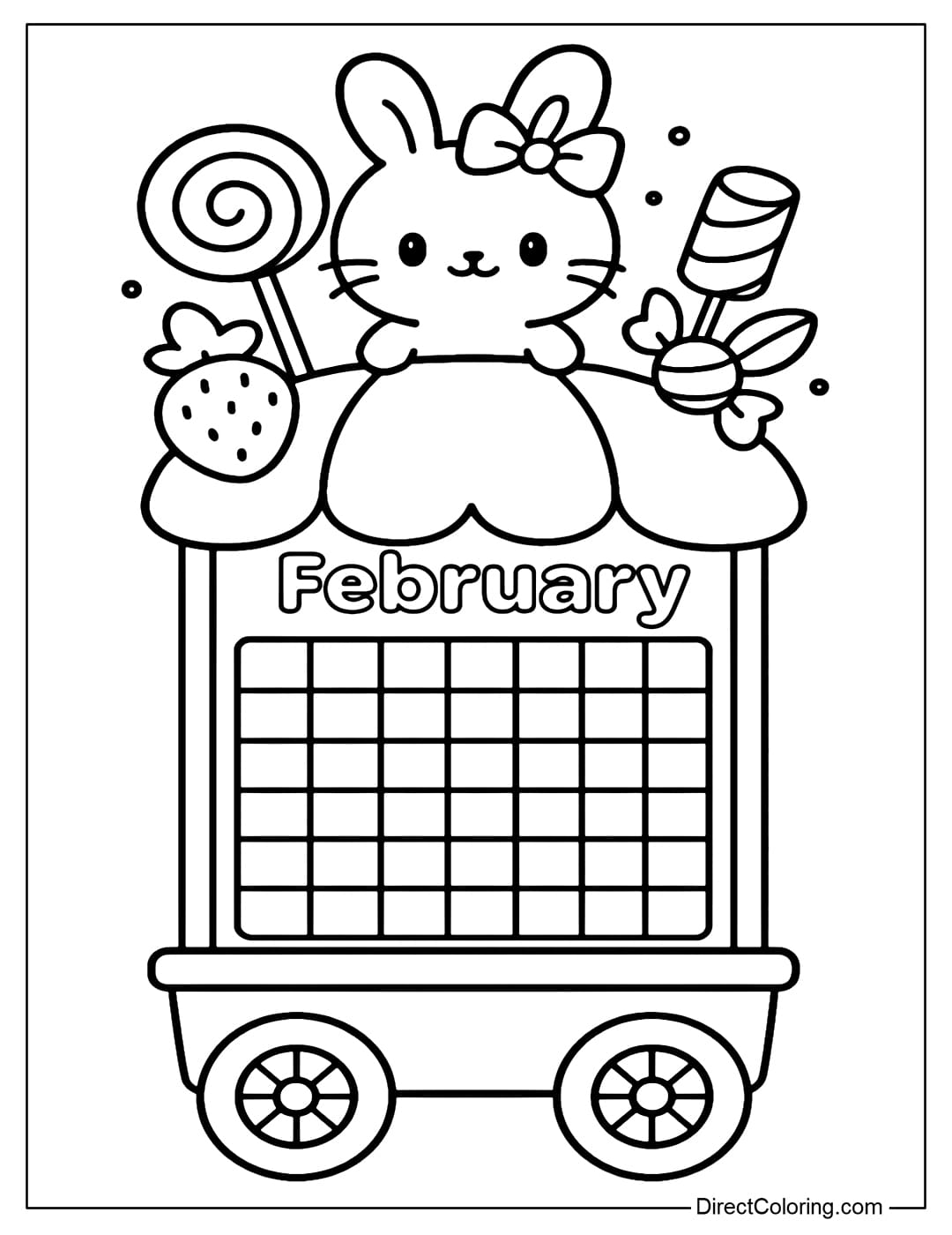 February&nbsp;calendar coloring page featuring a small candy cart, with the calendar on the front of the cart and a chibi bunny standing next to various candies on top.