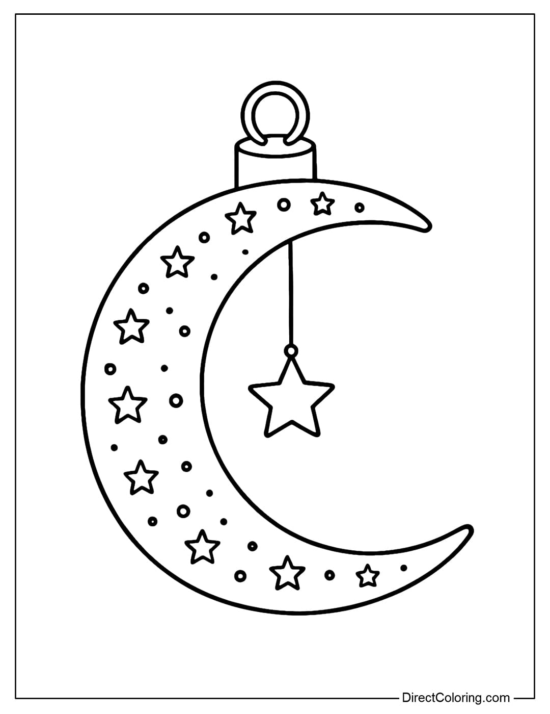A crescent-shaped Christmas bauble coloring page with a small star hanging in the middle.