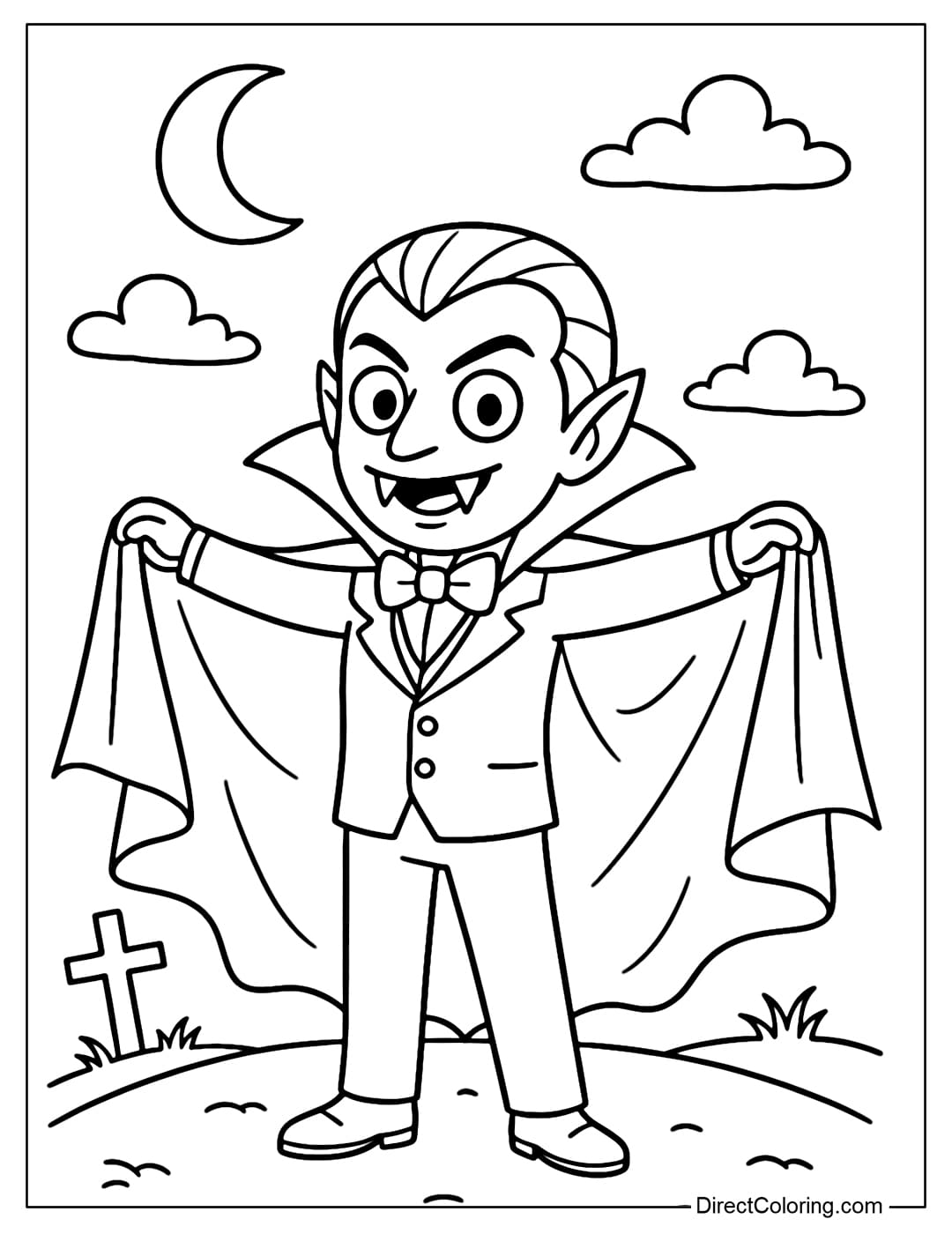 The Dracula coloring page stands with his cape spread wide on Halloween night.