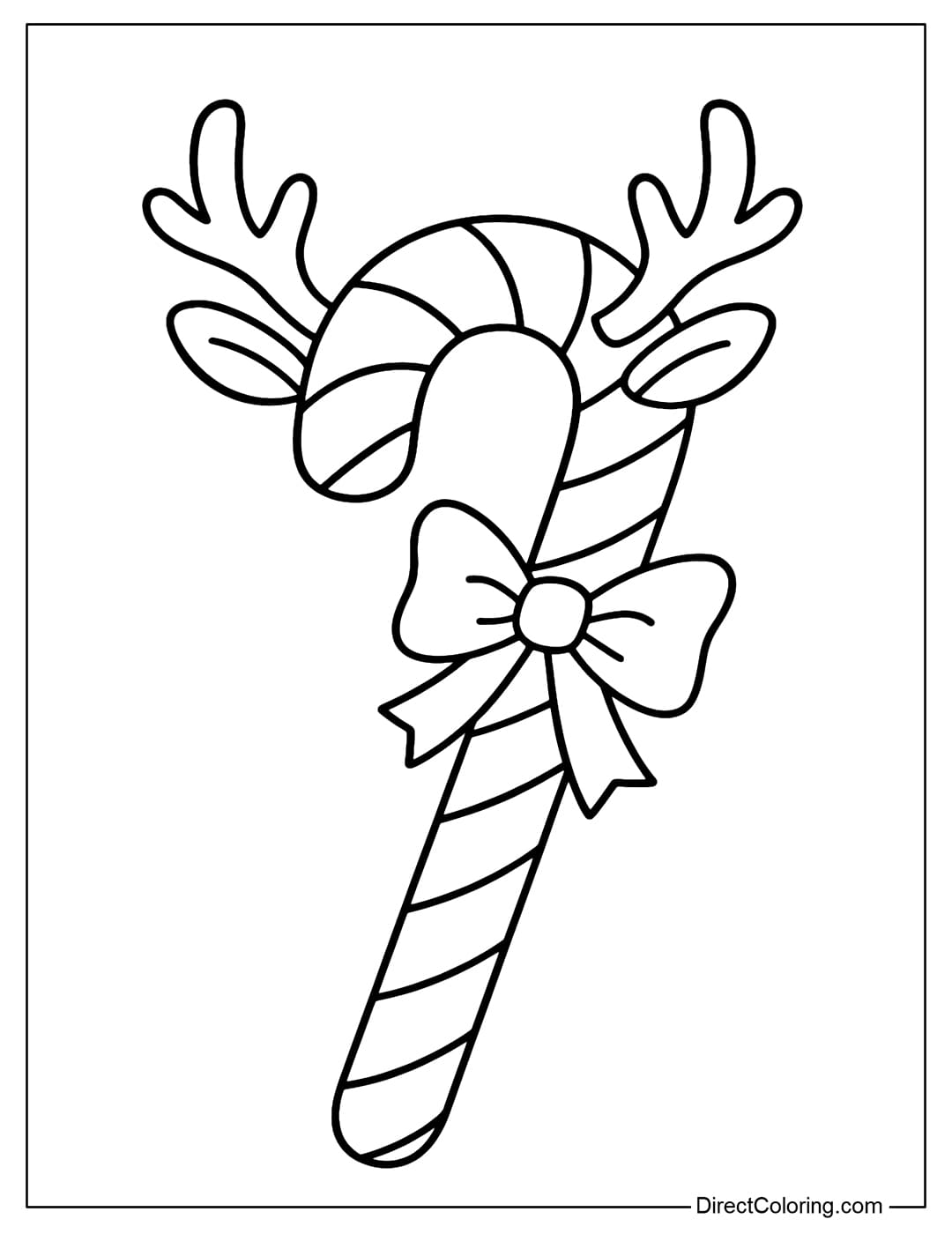 Large candy cane coloring page with small reindeer antlers and bow attached.