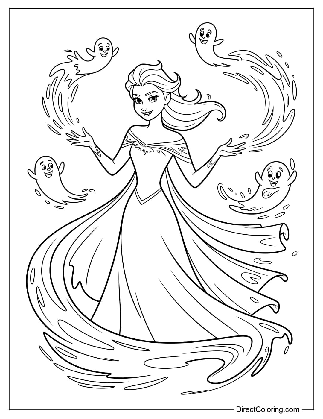 Coloring page Elsa dressed as an ice ghost, her hair loose, a semi-transparent cloak fluttering around her.