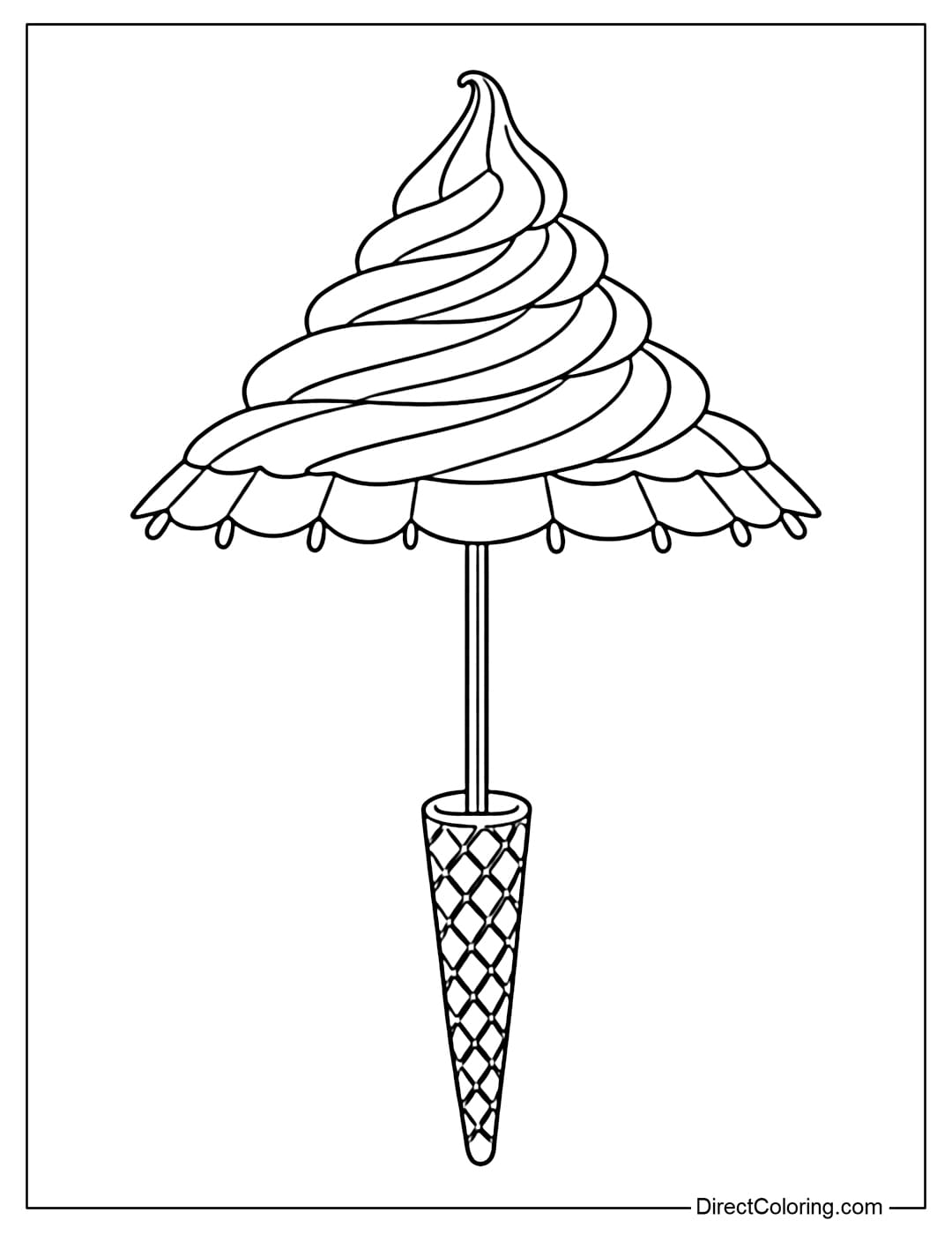 A coloring page featuring an ice cream cone-shaped umbrella with a spiral frosting as a canopy and a handle resembling a crispy wafer shell.