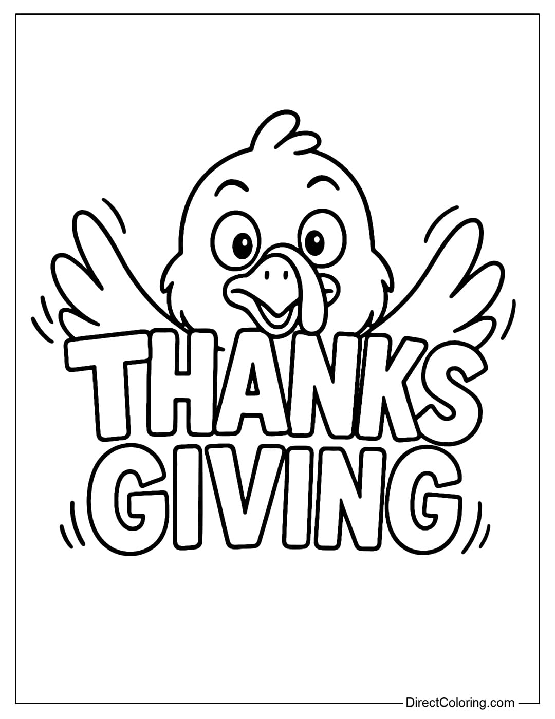 A coloring page of a turkey playing peek-a-boo: hiding behind the letters of the word 