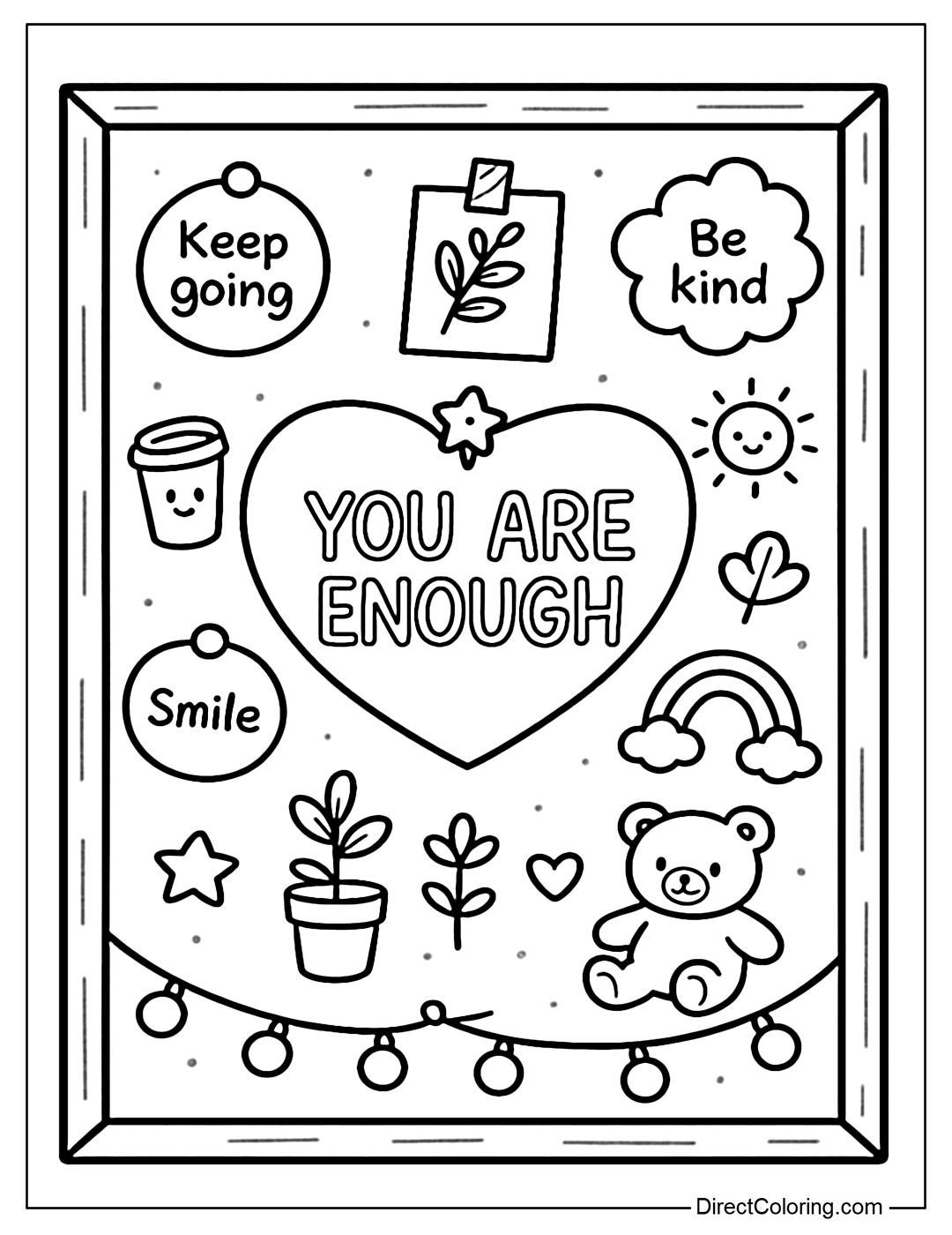 A coloring page of a pin board with stickers, sticky notes, and the You Are Enough message in the center.