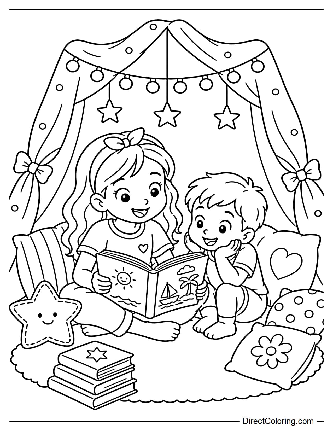 An older sister is reading a story to her younger brother in a small corner made of blankets and pillows, with string lights and some paper stars decorating the space above.