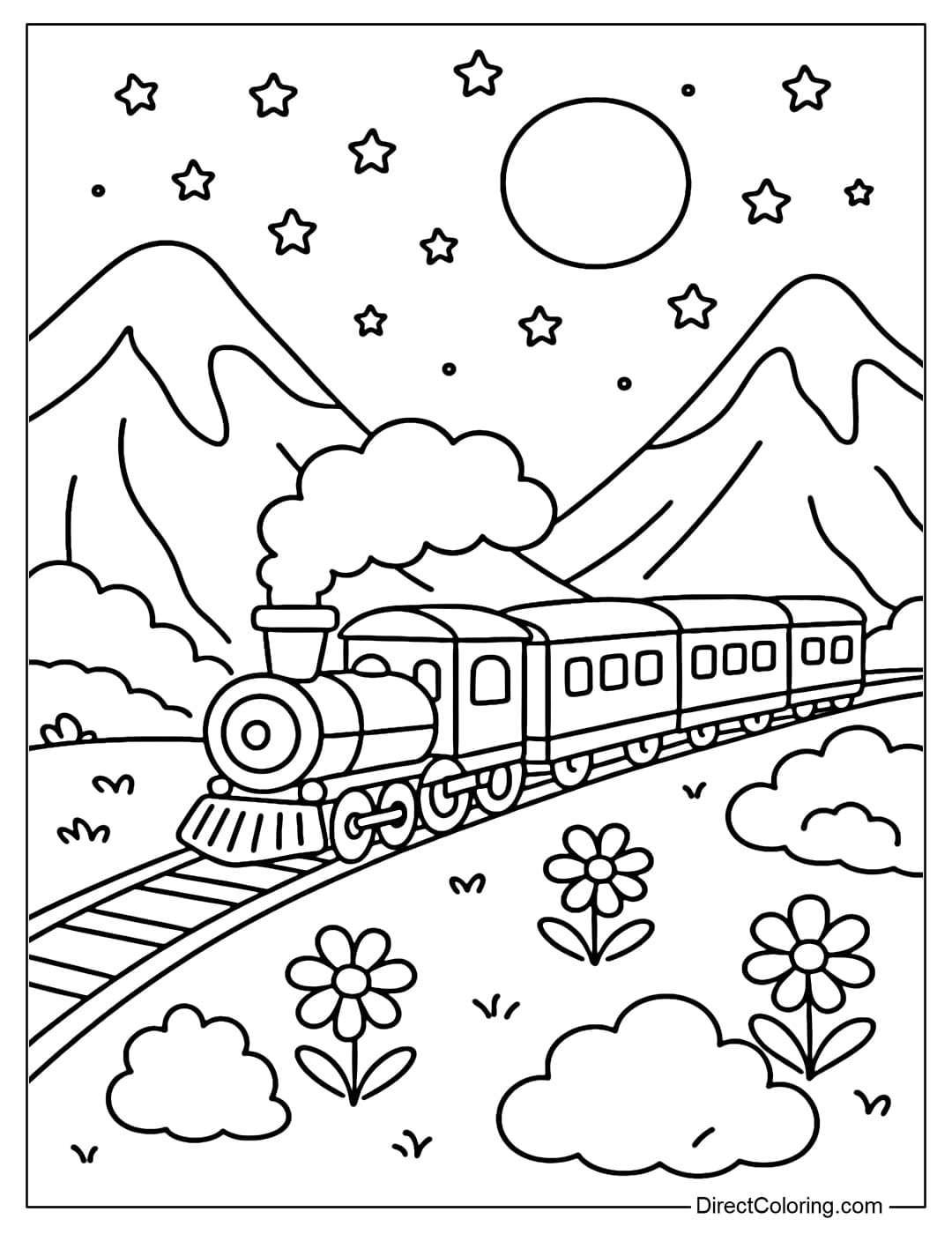 A coloring page of a train running through a valley, above is a sparkling moon and stars.