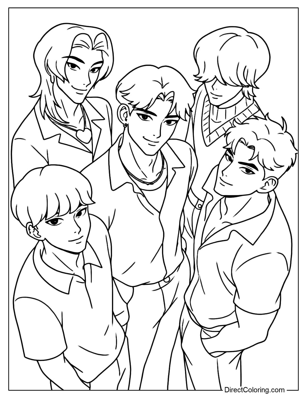 Kpop Demon Hunters Saja Boys Coloring Page, five members standing next to each other with their own style.