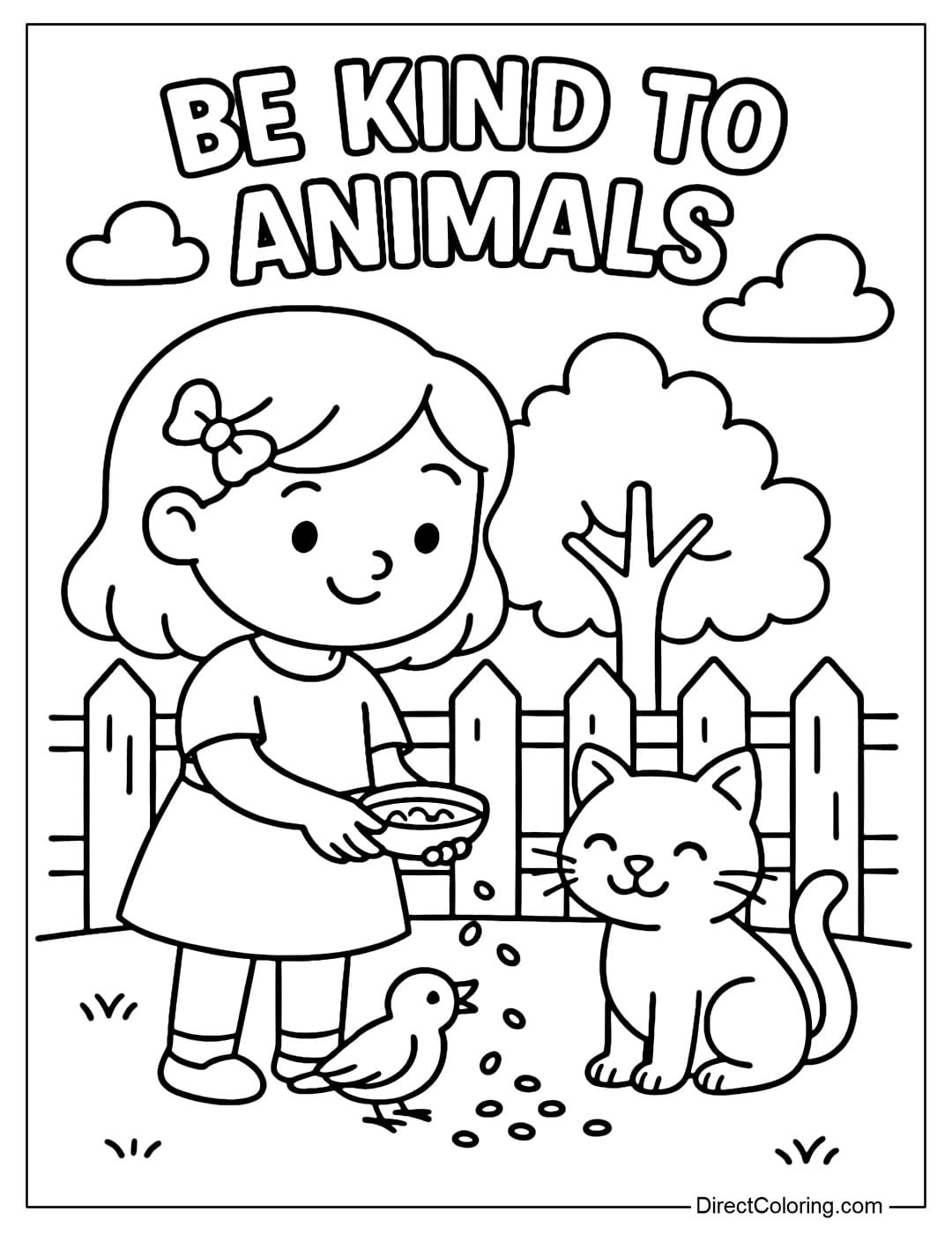 A coloring page of a cute girl feeding seeds to a cat and a bird.