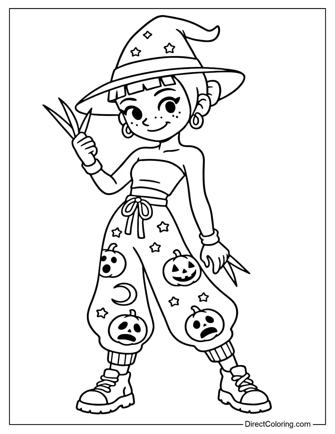 Coloring Page of Zoey from KPop Demon Hunters shows off her playful Halloween look, wearing pumpkin-patterned pants and a witch hat.