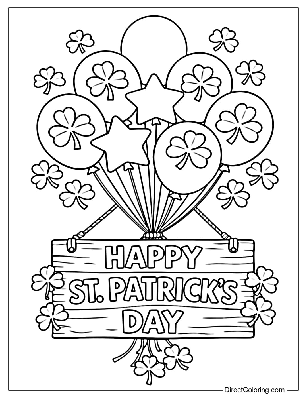 Coloring page with a balloon bunch combined with shamrock and a sign that says 