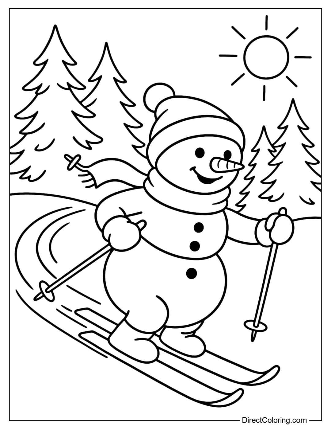 A sporty snowman coloring page is sledding quickly through the pine forest.