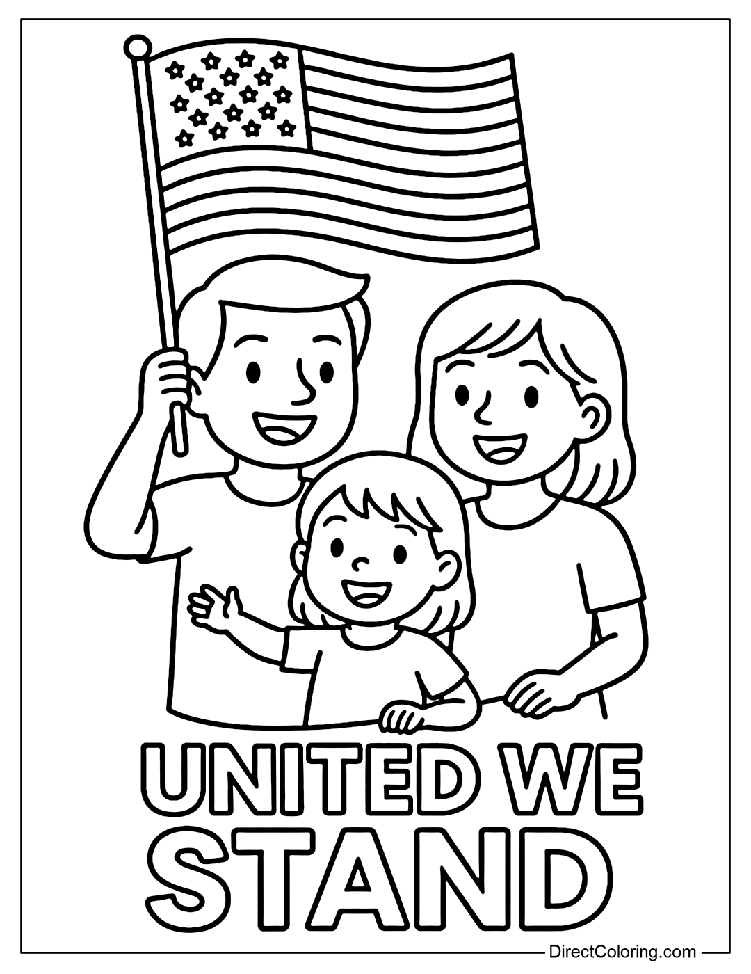 Coloring page of a small family holding the American flag together, below is the words 