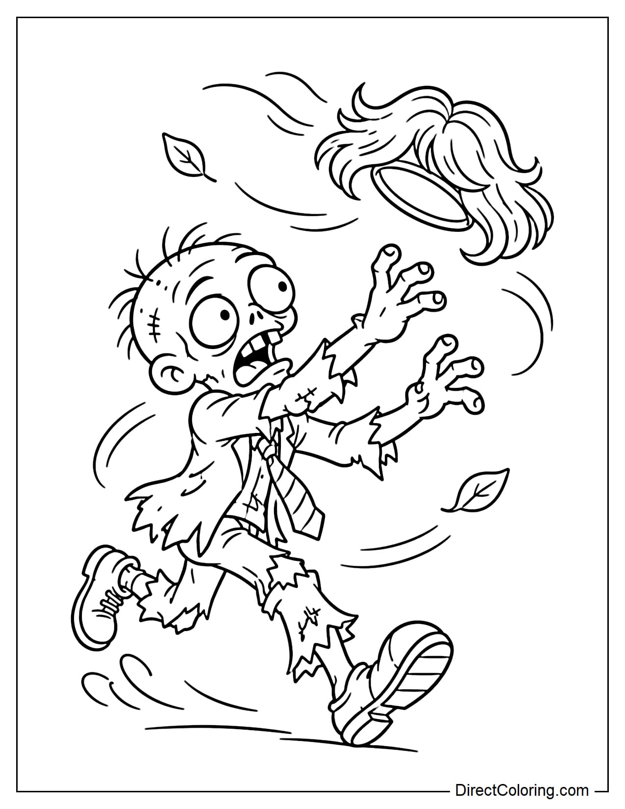 A zombie stumbles along, chasing its wig as the wind blows it through the air, with both hands reaching up to catch it.