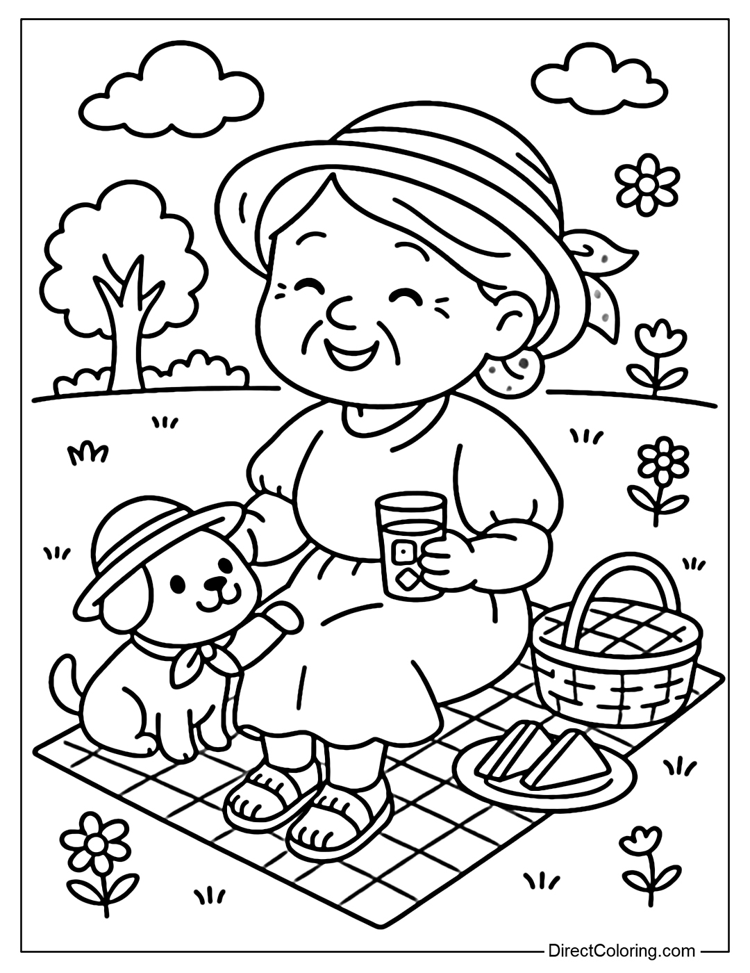 Coloring Page Grandma goes on a picnic with a cute dog.