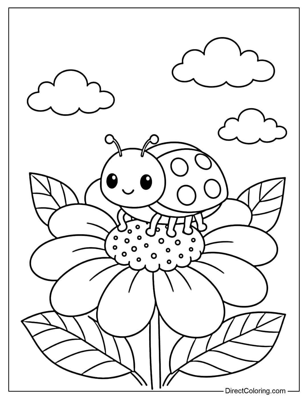 A coloring page of a spring ladybug perched on a large flower, surrounded by leaves and round clouds.