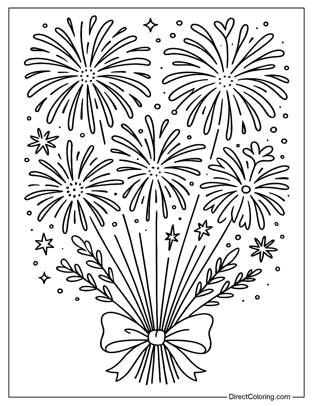 A coloring page of a bouquet of fireworks that looks like a bright bouquet, with detailed but clear patterns