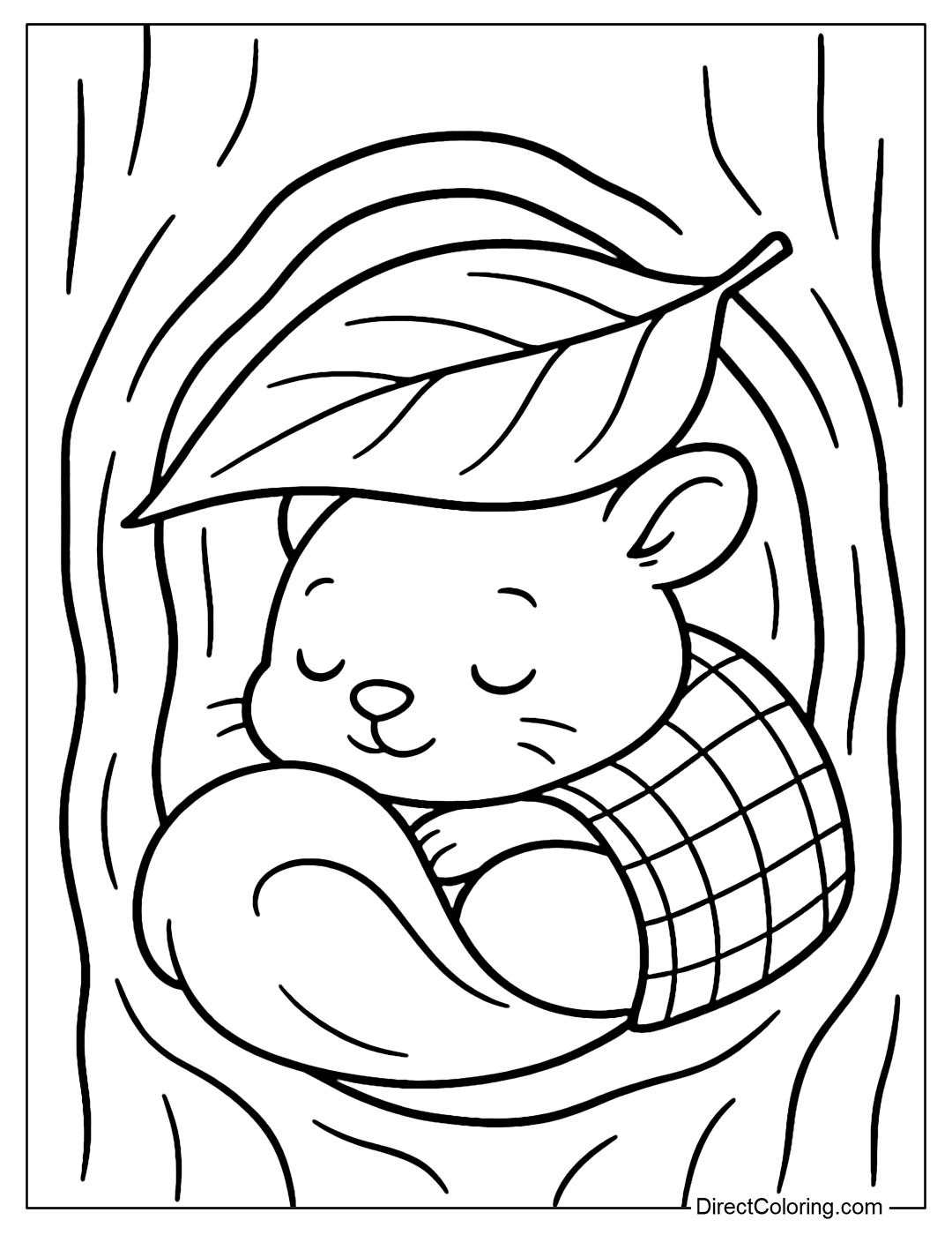 Coloring page of a squirrel curled up sleeping in a tree hollow, covered with a striped blanket and a large leaf.