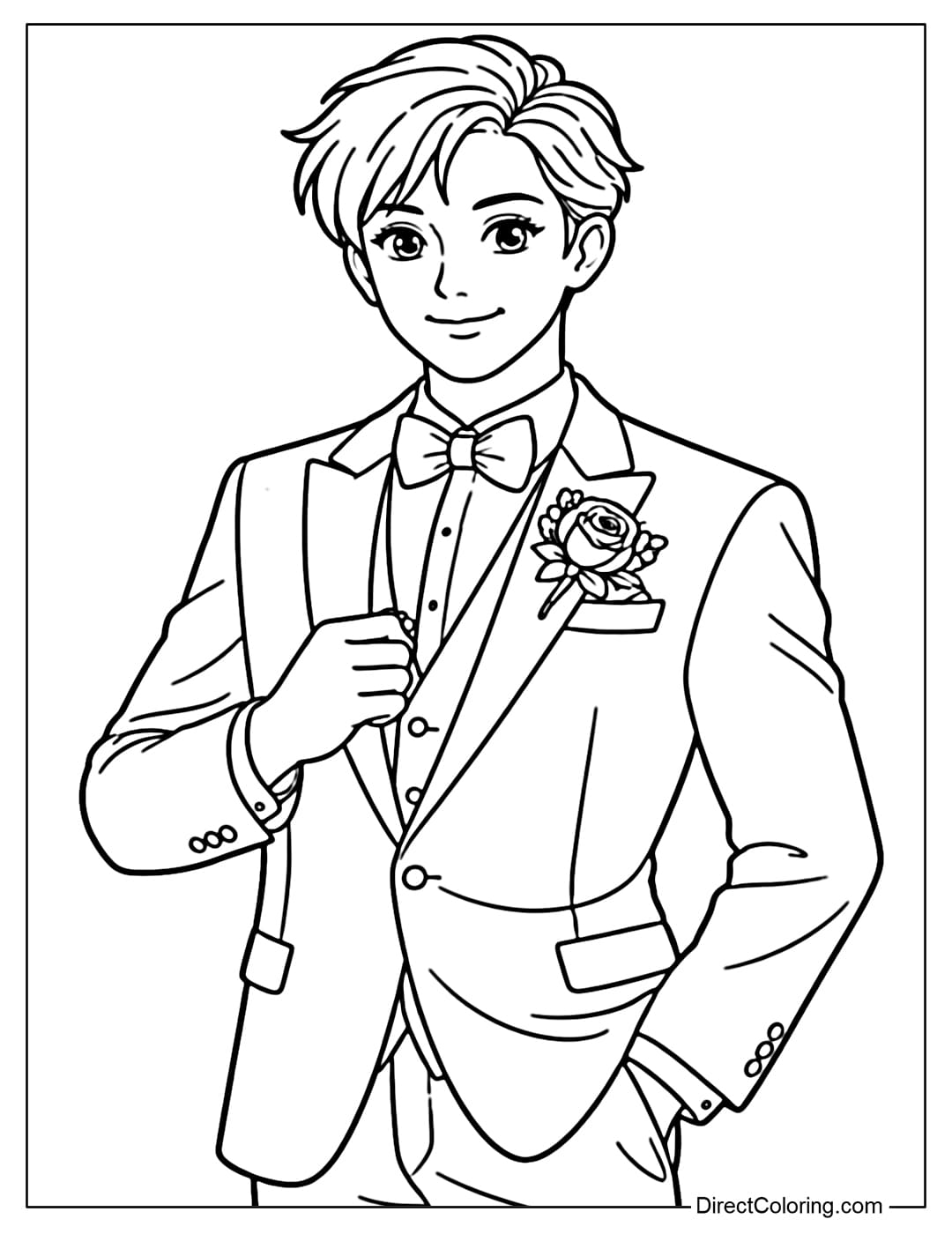 A coloring page of the groom wearing a bow tie, in a simple and elegant style.